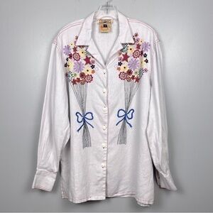 Vintage Gene Ewing BIS 100% linen embroidered button front shirt jacket, medium.